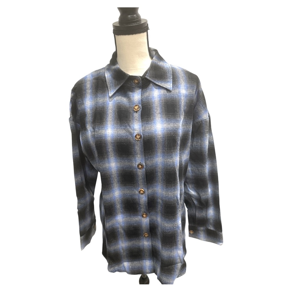 Women's Blue Plaid Button Down Flannel NWT